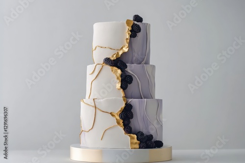 An elegant three-tier cake with a white and lavender marble effect, gold accents, and fresh blackberries, designed for weddings and celebrations.