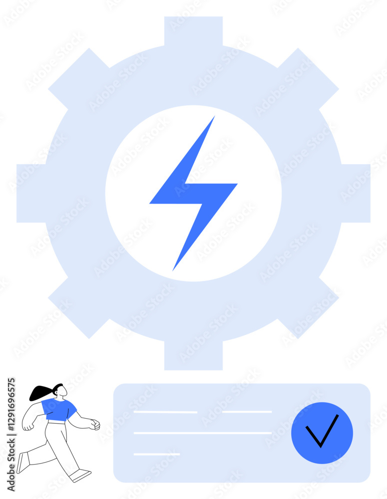 Gear with lightning bolt, person walking, and checkbox. Ideal for concepts such as energy, efficiency, productivity, workflow, power tasks and progress. Line metaphor Gear with lightning bolt, person walking, and checkbox. Ideal for concepts such as energy, efficiency, productivity, workflow, power tasks and progress. Line metaphor