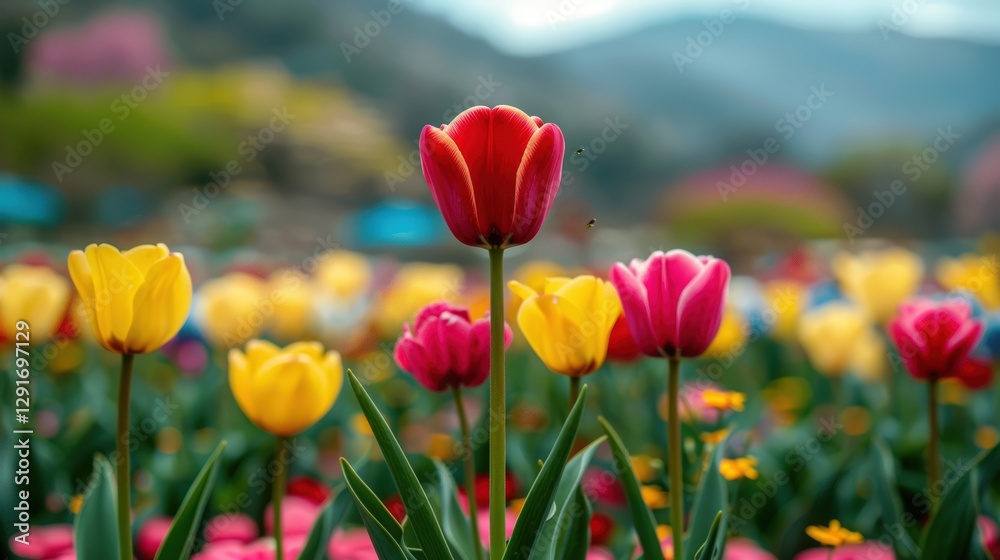 Vibrant tulip field in spring showcasing various colors with blurred mountains in the background Vibrant tulip field in spring showcasing various colors with blurred mountains in the background