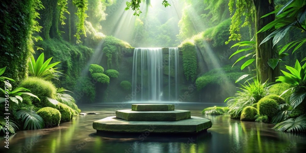 Obraz premium Serene Waterfall Scene with Mossy Rocks and Tranquil Pool, Featuring a Three-Tiered Stone Platform in a Lush Green Forest
