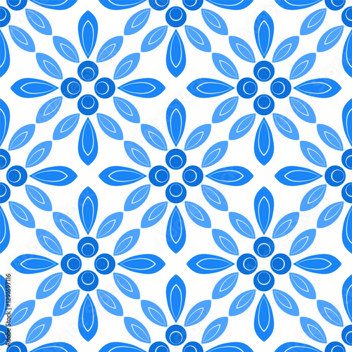 Blue diagonal painted tiles. Folklore plant seamless pattern. Shades of blue flowers on white background. Square ethnic floral ornament for wallpaper, textile, web design, etc.