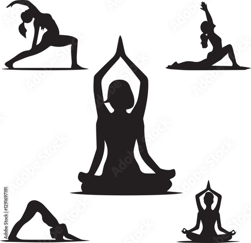 Black and white yoga poses silhouettes of a woman