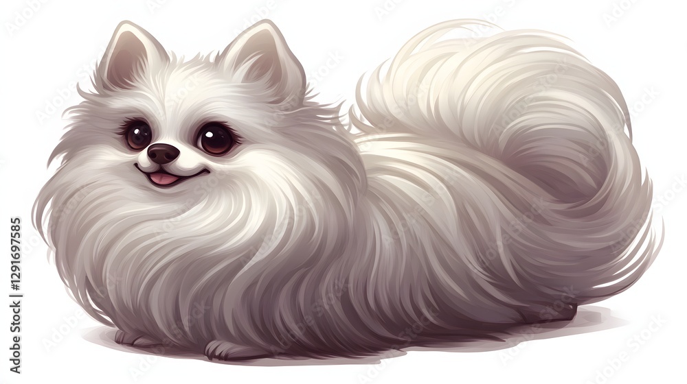 Charming Fluffy White Pomeranian Dog Relaxing in a Comfortable Position with Happy Expression