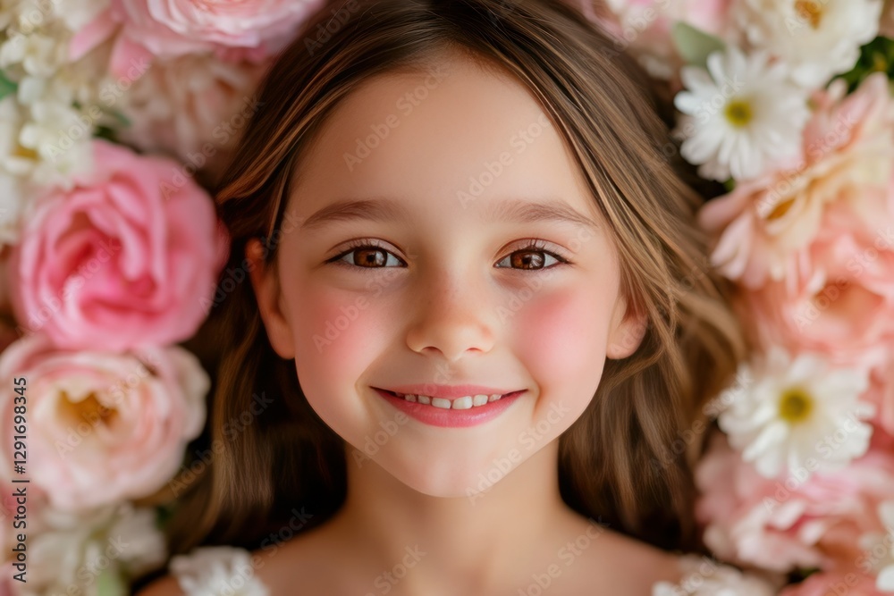 Beautiful Girl Surrounded by Colorful Flowers in Soft Focus, Smiling Joyfully at Camera Beautiful Girl Surrounded by Colorful Flowers in Soft Focus, Smiling Joyfully at Camera