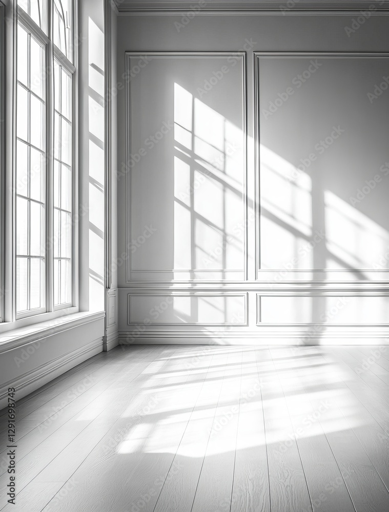 Fototapeta premium Light Streaming Through Large Windows Illuminates a Minimalist Room With Elegant Moldings in Soft Monochrome Tones