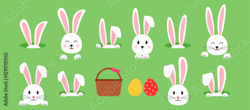 Easter rabbit ears and eggs, basket, bunnies hole and picnic bag on green background. Cute animal character bunny, cartoon egg hunt, funny spring set. Holiday vector illustration