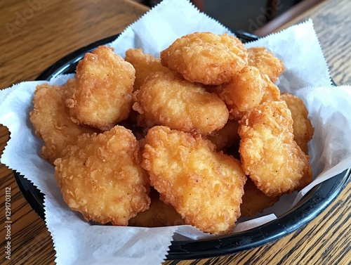 Wallpaper Mural Golden crispy chicken nuggets served on a wooden table in a restaurant setting, perfect for food lovers and fast food enthusiasts alike. Torontodigital.ca