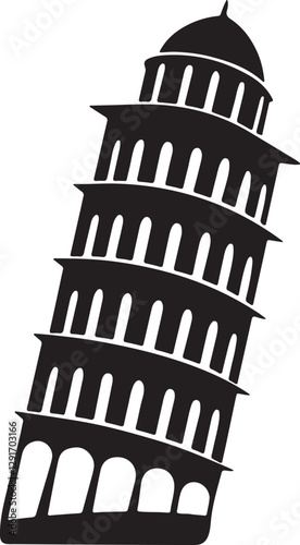 leaning tower silhouette, black and white silhouette, vector and illustration