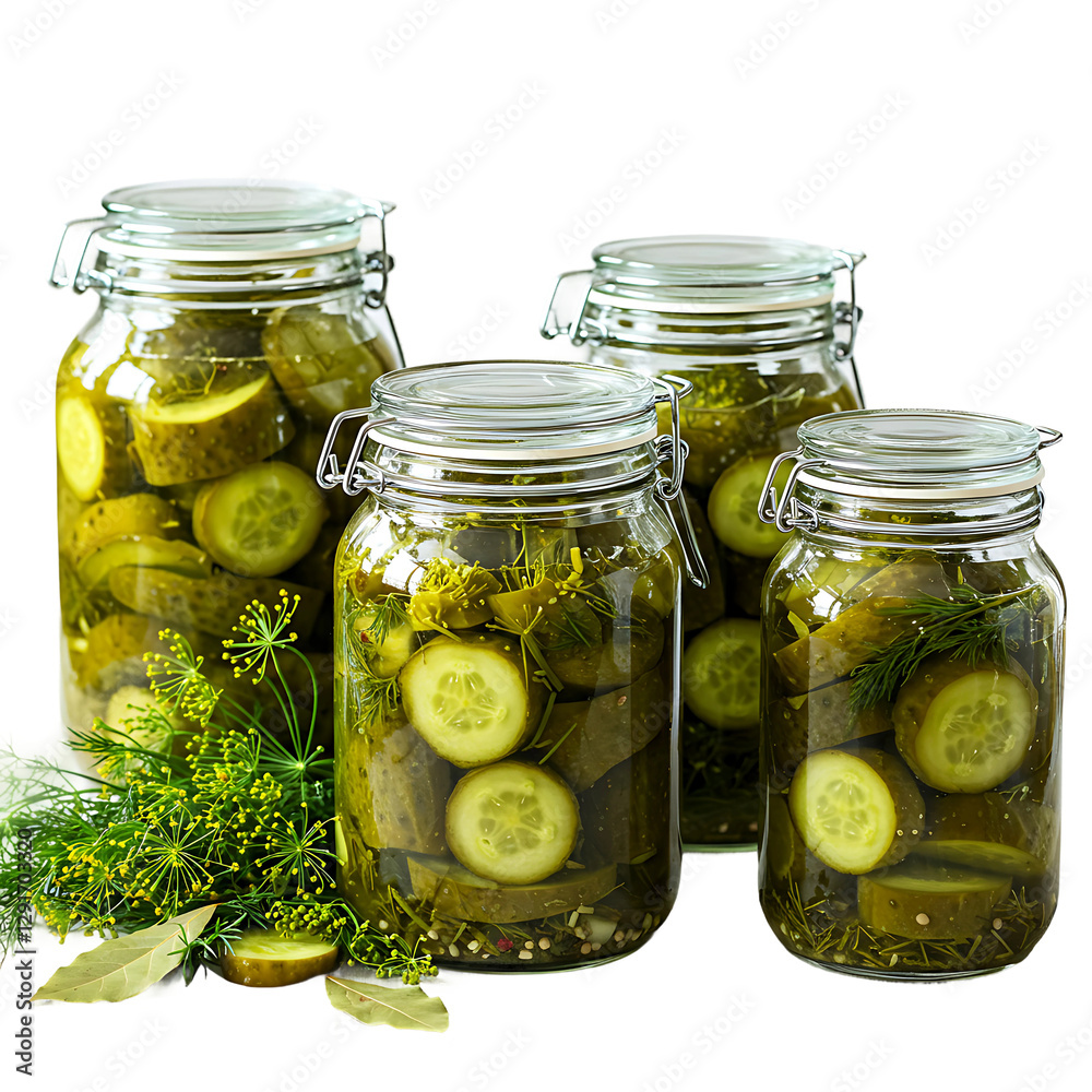 Homemade Cucumber Pickles in Rustic Glass Jars On Transparent Background
Homemade Cucumber Pickles in Rustic Glass Jars On Transparent Background
