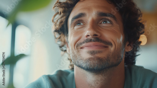 Curly-haired bearded professional smiling optimistically, contemplating career path near sunlit office windows photo