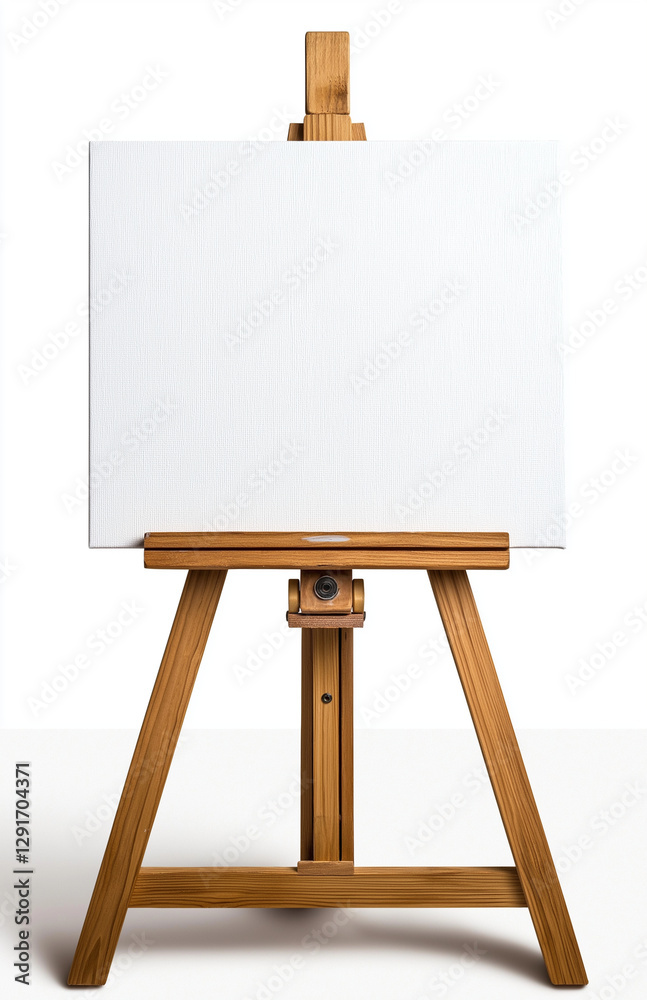 wooden easel with blank canvas stands against white background, inviting creativity and artistic expression. simplicity of setup emphasizes potential for new ideas wooden easel with blank canvas stands against white background, inviting creativity and artistic expression. simplicity of setup emphasizes potential for new ideas