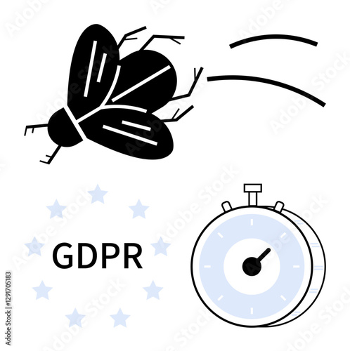 Flying bug, stopwatch with ticking time, and GDPR text encircled by stars. Ideal for data privacy, compliance deadlines, regulation, urgency, protection, EU laws and abstract line flat metaphor