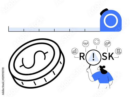 Measuring tape, coin, and person examining risk factors highlight decision-making, financial evaluation, and risk analysis. Ideal for business strategy, finance, decision-making, evaluation