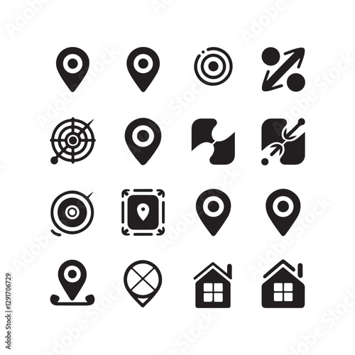 Map icons, location markers, navigation symbols, black and white, minimalist design 