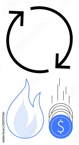 Circular arrow indicating process, flame denoting inflation or volatility, and coins representing financial stability. Ideal for economic trends, finance, budgeting, inflation, monetary policy, risk