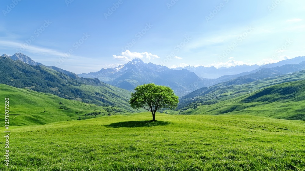 Obraz premium Lone tree on green hill, mountain backdrop, sunny day, nature scene, landscape photography
