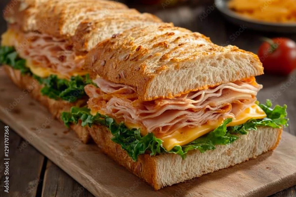 Obraz premium A delicious sandwich features multiple layers of turkey and cheese, garnished with crisp lettuce on toasted bread, prepared on a wooden cutting board