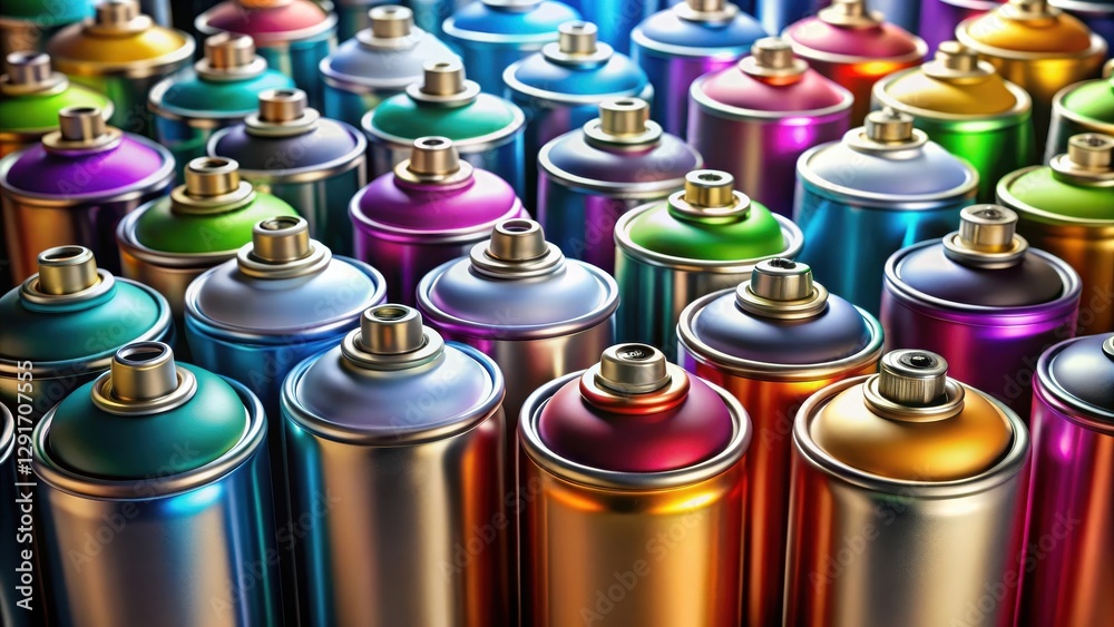 A vibrant collection of metallic aerosol paint cans, showcasing a spectrum of rich hues and glossy finishes, arranged in a dense and colorful cluster. A vibrant collection of metallic aerosol paint cans, showcasing a spectrum of rich hues and glossy finishes, arranged in a dense and colorful cluster.