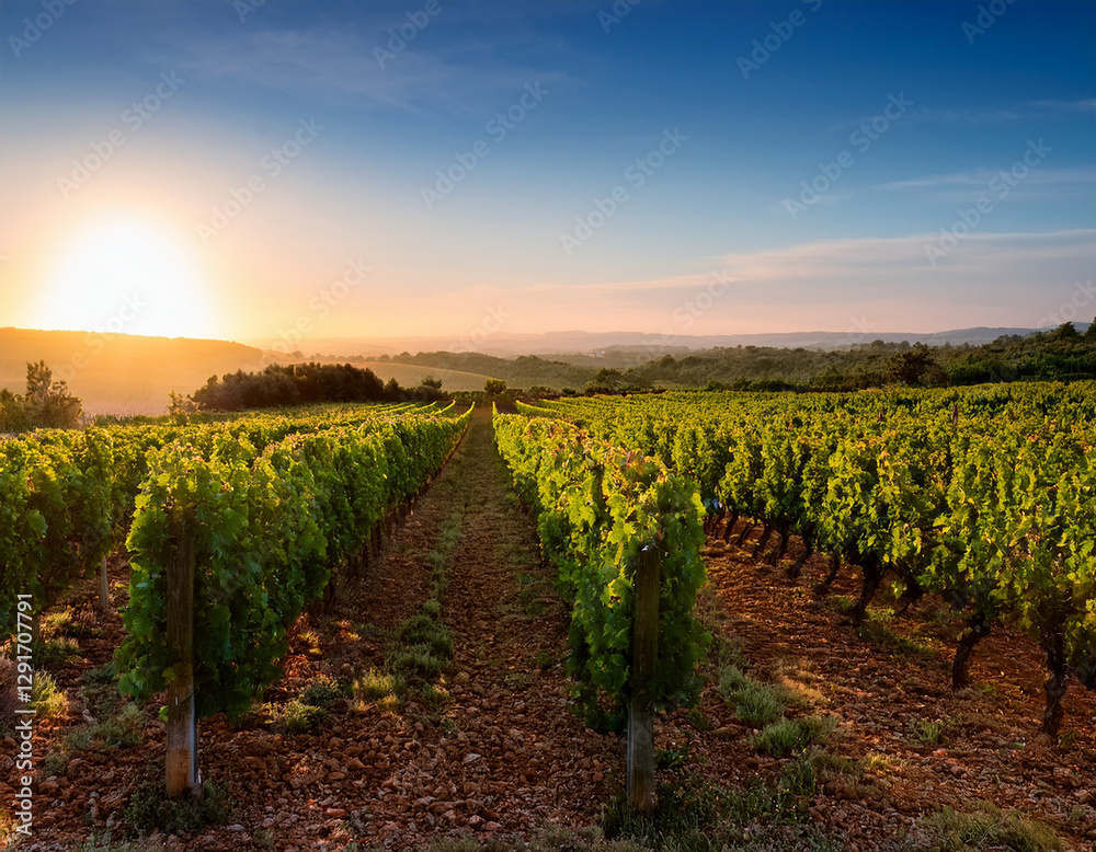 A peaceful sunrise over rows of grapevines in a vineyard in the South of France. A peaceful sunrise over rows of grapevines in a vineyard in the South of France.