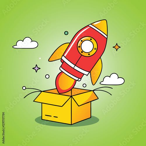 A cartoon rocket, colored in vibrant red and yellow, is launching from a cardboard box.
