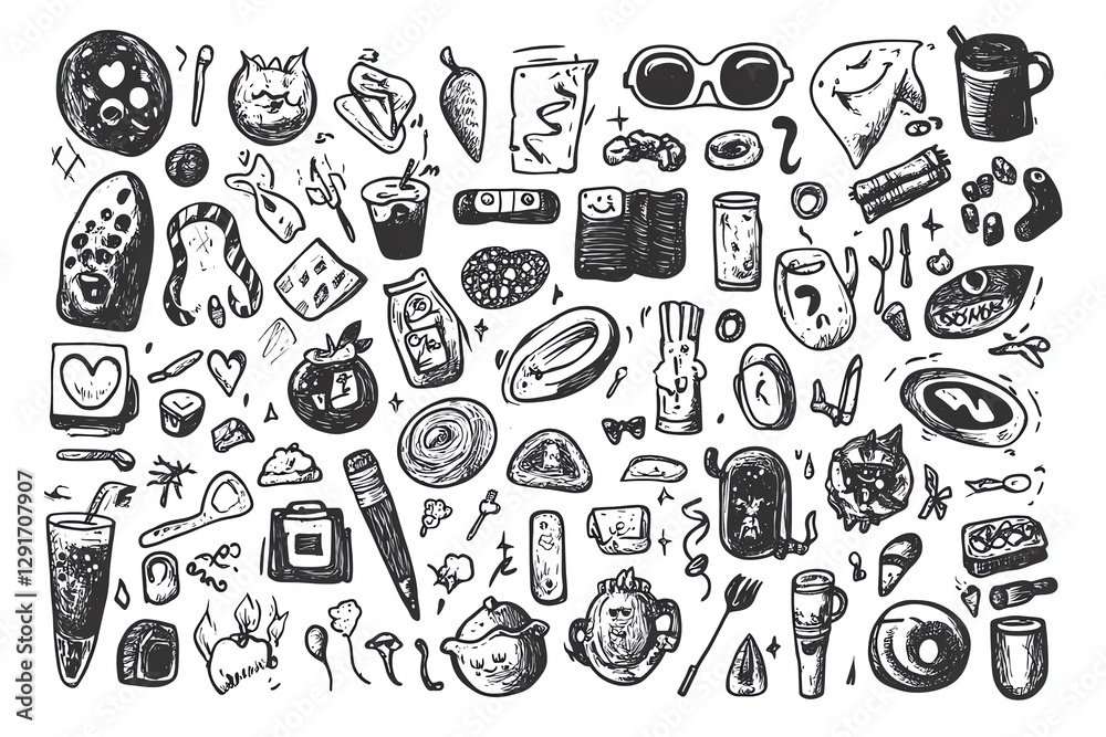 Creative doodle icon collection, black and white handdrawn elements, ballpoint pen sketch, isolated on white background, highly detailed, perfect for print and web design Creative doodle icon collection, black and white handdrawn elements, ballpoint pen sketch, isolated on white background, highly detailed, perfect for print and web design