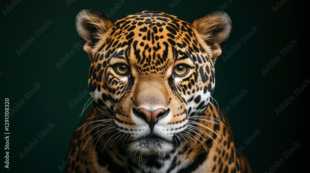 Fototapeta premium A full-body photograph of an adult jaguar against a dark green background