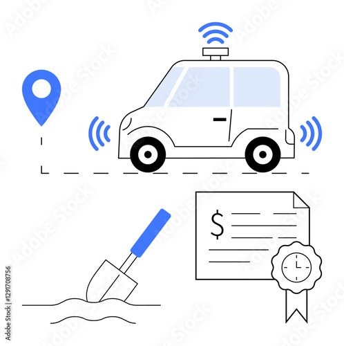 Smart car with wireless signals, shovel digging ground, certificate with seal and dollar sign. Ideal for technology, investment, infrastructure, navigation, certification, safety innovation themes