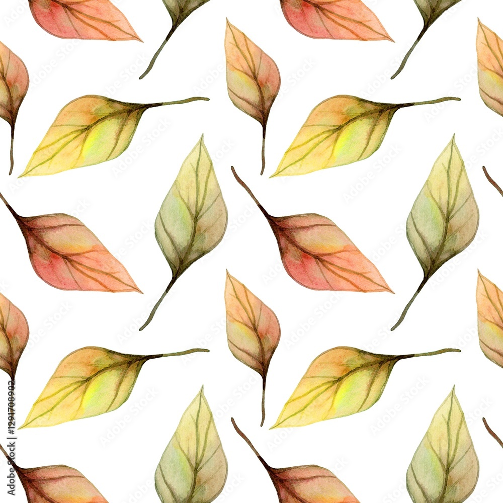 Obraz premium Unique watercolor pattern of autumn leaves against a clean white background showcasing vibrant colors and intricate details