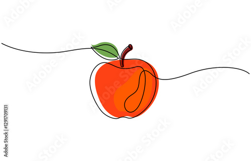 Red apple vector illustration. One continuous line drawing art illustration, Apple, school snack, vitamins one line color art. Continuous line drawing of school lunch, knowledge.