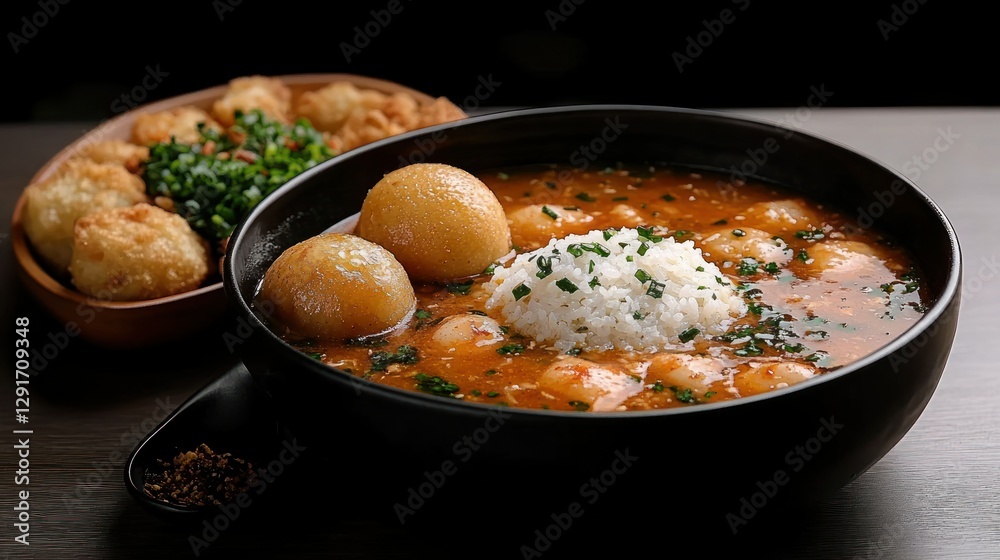 Spicy Shrimp Soup with Rice and Side Dish on Dark Wood Table