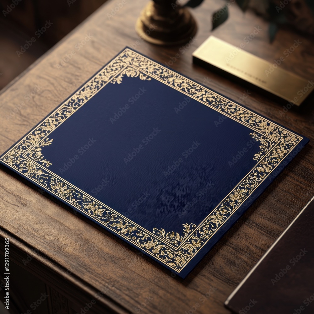 Fototapeta premium luxury certificate mockup with gold ornate border on wooden desk