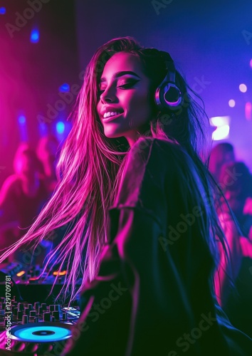 Une disc-jockey séduisante, en boîte de nuit, brune avec des cheveux longs portant une tenue décontractée à la mode, platines en premier plan, personnes dansant en arrière-plan. photo