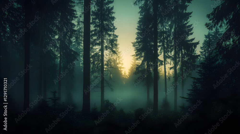 Obraz premium Mystical Forest: A captivating capture of a serene forest engulfed in a dense mist, with towering trees reaching towards a soft.