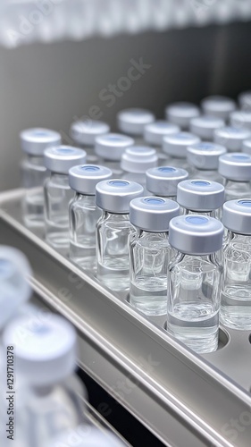 Neatly arranged vaccine tray with glass vials for medical and pharmaceutical use