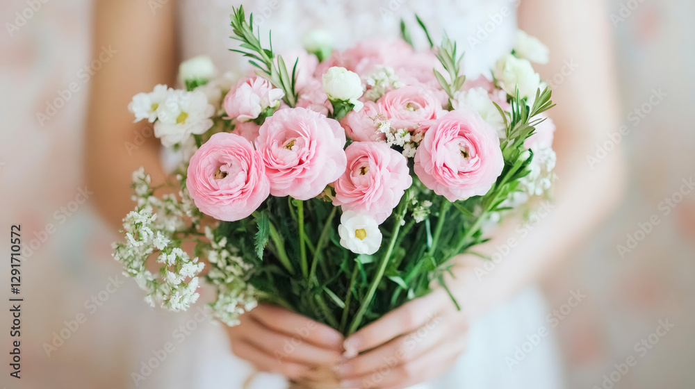 Close-up of a bride holding a delicate bouquet of pink and white flowers, symbolizing love and celebration Close-up of a bride holding a delicate bouquet of pink and white flowers, symbolizing love and celebration