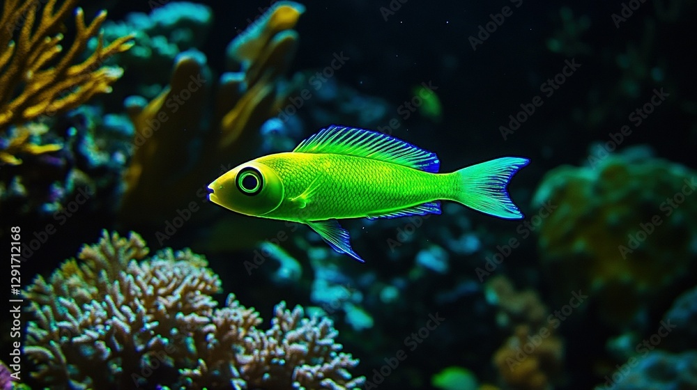 A neon-green robotic fish swimming through a coral reef, gathering data on marine health, its sensors glowing in the dark waters. A neon-green robotic fish swimming through a coral reef, gathering data on marine health, its sensors glowing in the dark waters.