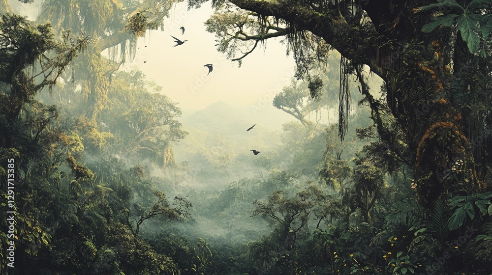 A mist-covered rainforest, towering ancient trees wrapped in vines, with birds and small animals moving in the dense underbrush. A mist-covered rainforest, towering ancient trees wrapped in vines, with birds and small animals moving in the dense underbrush.