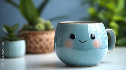Minimalist ceramic mug with a charming smiling face design in soothing pastel hues  This simple yet playful cup adds a touch of whimsy and contemporary style to any kitchen or home decor