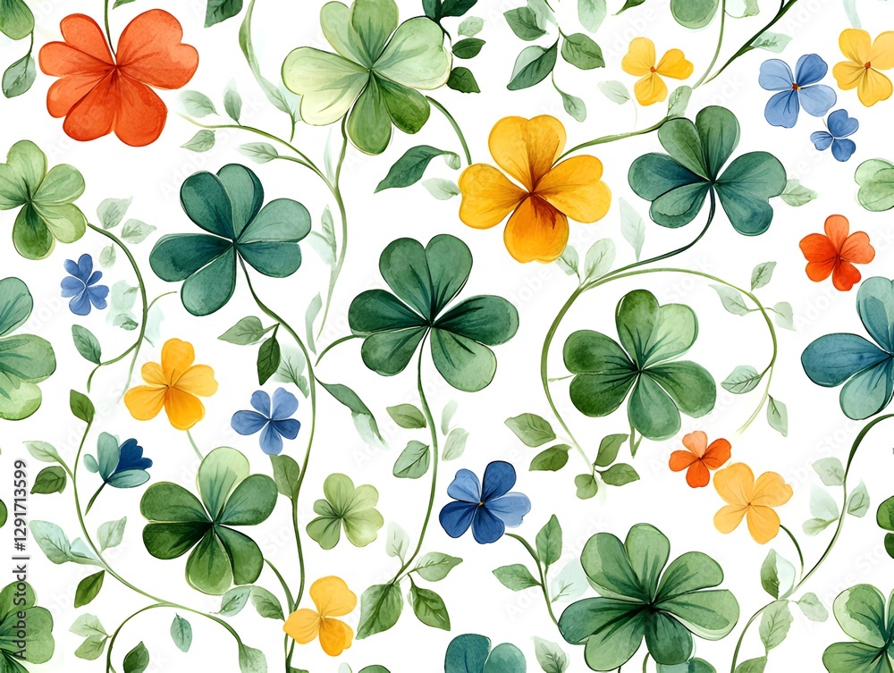 Obraz premium seamless pattern featuring vibrant green shamrocks (clovers) intertwined with delicate curling vines on a white background. Small yellow, red and blue flowers are scattered throughout