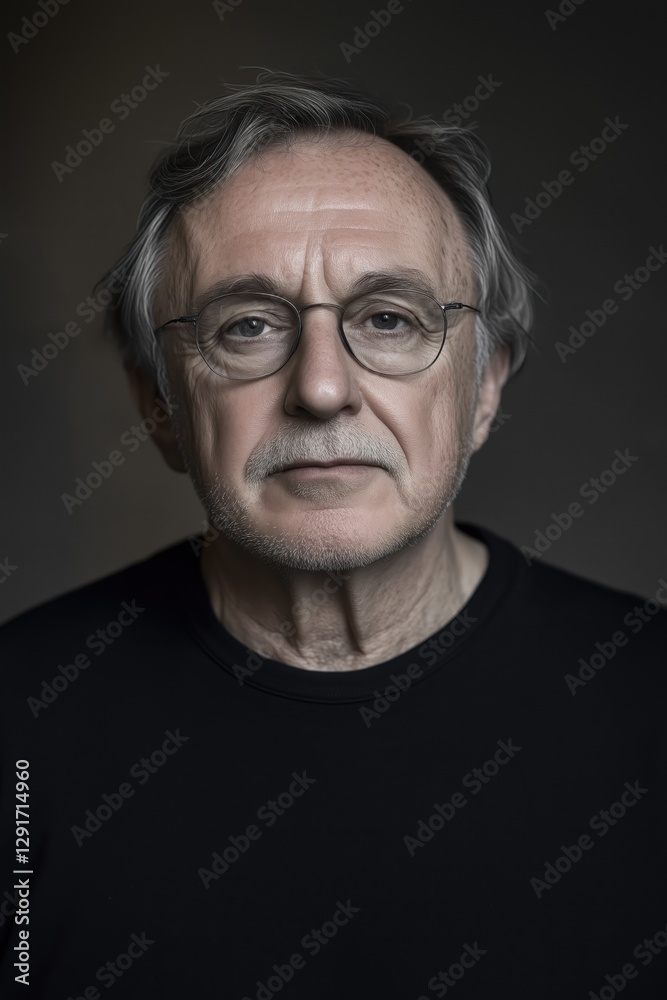 Obraz premium Thoughtful senior man with a gentle expression and distinguished features in moody lighting.
