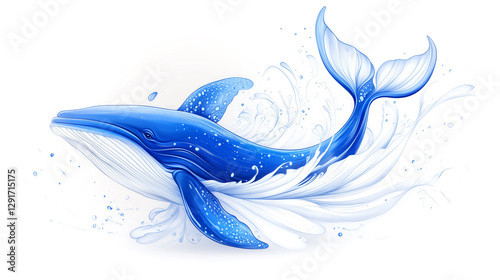 Majestic blue and white whale gracefully emerging from ocean waves with fluid motion. Concept of marine life, tranquility, and artistic fantasy.