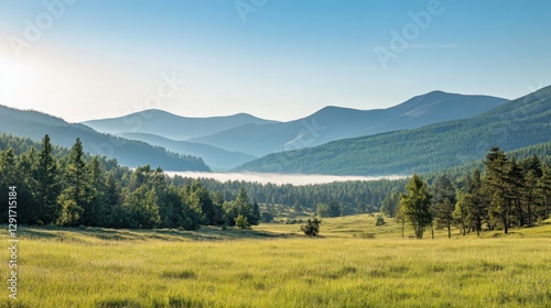 A serene landscape showcasing rolling hills and lush greenery. The morning sun filters through the mist. Natures beauty captured in this tranquil scene. Generative AI