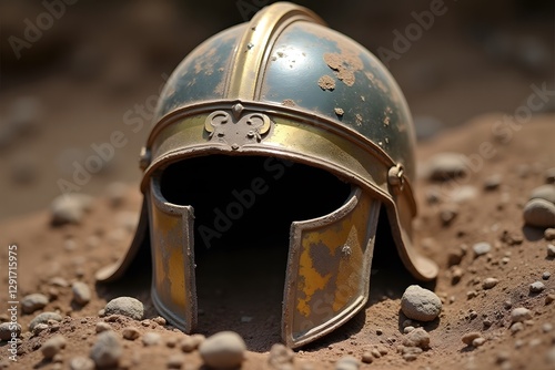 A broken Roman helmet discarded near Golgotha, covered in dust and scratches.