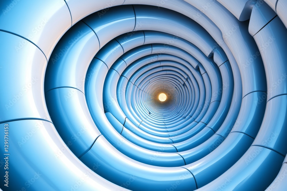 Obraz premium A vertical spiral tunnel made of white metal, looking up from the bottom to see its center point. The overall composition is symmetrical and balanced, with an overhead perspective. White background,