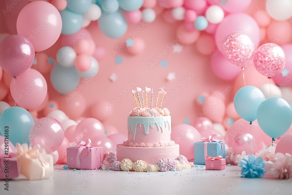 balloons and a cake are in the background with a pink and blue backdrop
