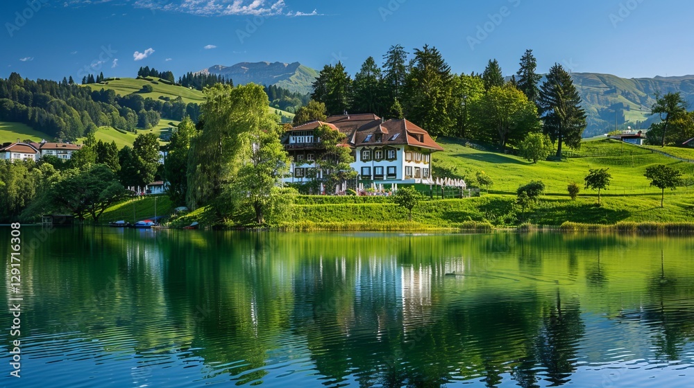 Fototapeta premium Mountains, hill, lake and beautiful hotel building, people to rest be side lake. around trees, green, grass. Sky clean, sunny day.