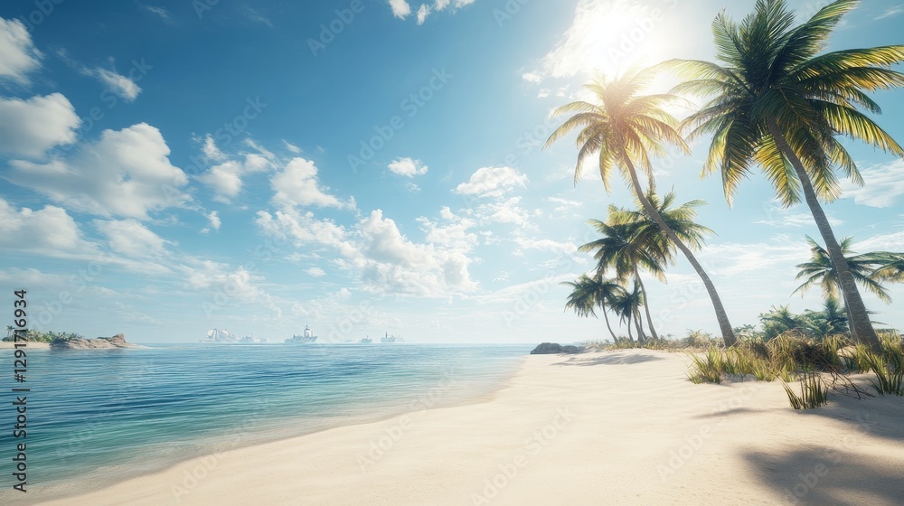 Obraz premium Beautiful Tropical Beach With Palm Trees, Crystal Clear Water, and Lush Mountains in the Background During a Sunny Day