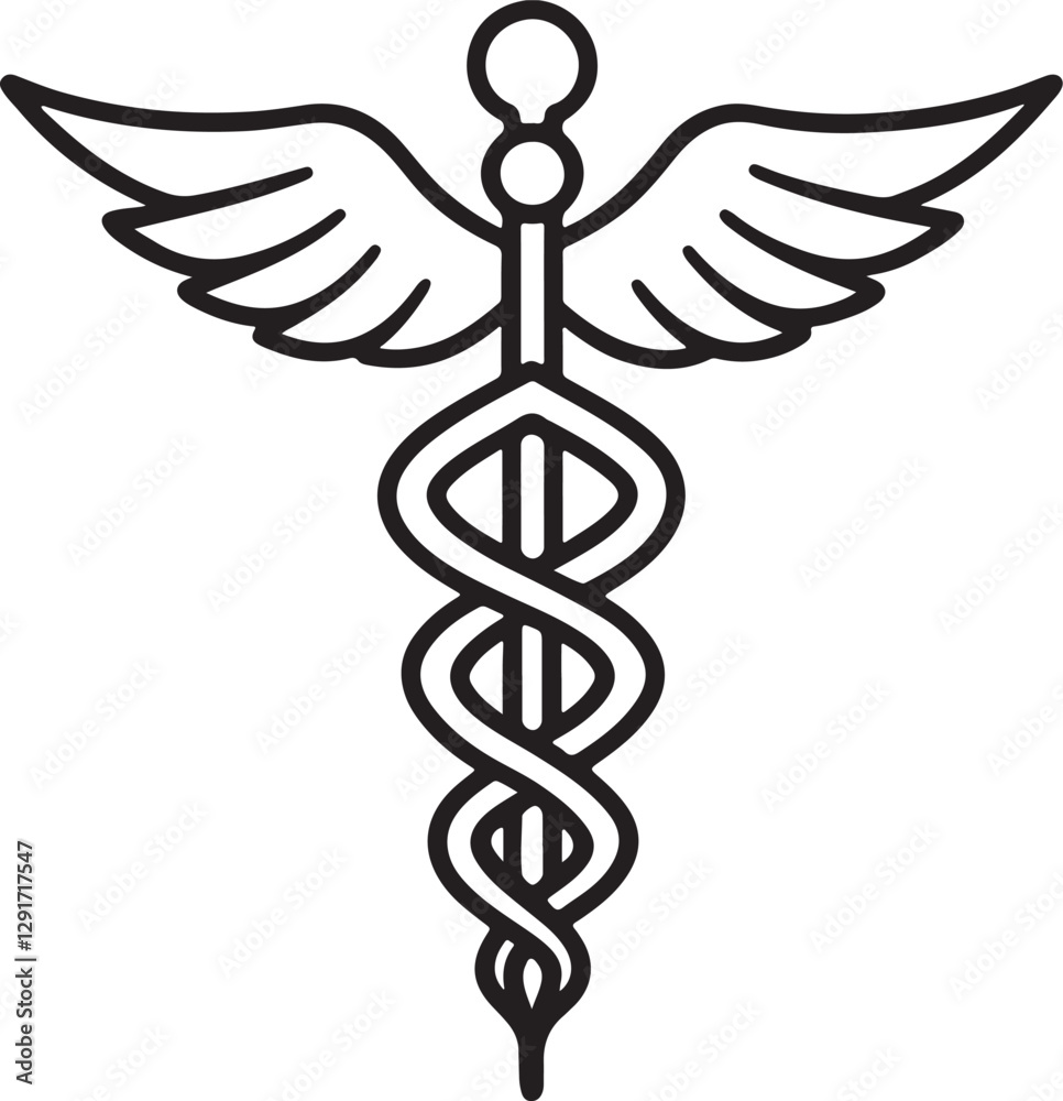 caduceus medical line art, black outline, vector and illustration, line art and outline