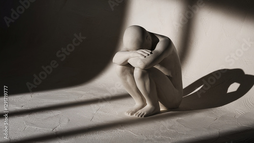 A minimalist white sculpture of a thoughtful figure sitting, head down, in a somber mood. This artwork symbolizes emotional struggle, solitude, and inner contemplation.