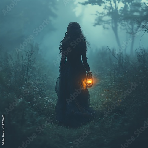 arafed woman in a long dress holding a lantern in a foggy forest
